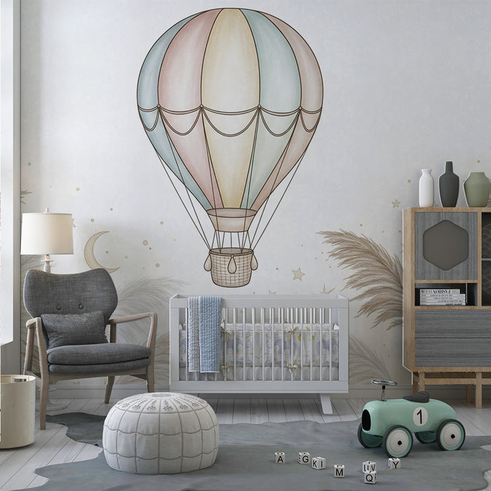 Babykamer behang | Kleurrijke luchtballon en twinkelende sterren