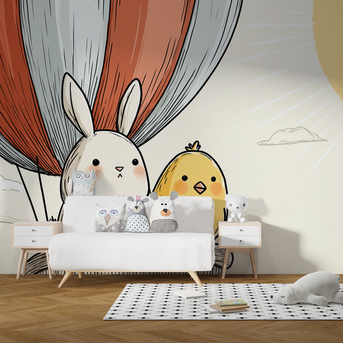 Papel de parede quarto bebê | Balão de ar quente e amigos animais