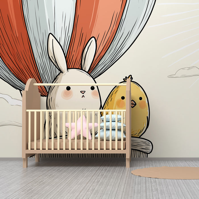 Papel de parede quarto bebê | Balão de ar quente e amigos animais