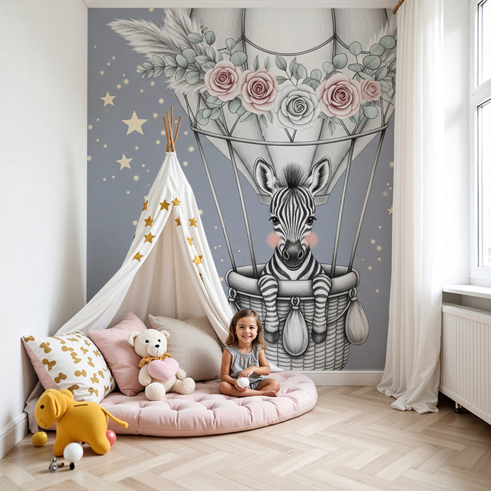 Papel de parede quarto bebê | Balão de ar quente e zebra sonhadora