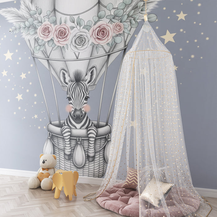 Papel de parede quarto bebê | Balão de ar quente e zebra sonhadora