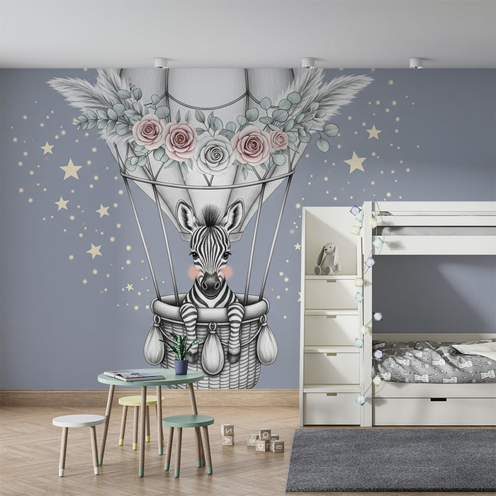 Papel de parede quarto bebê | Balão de ar quente e zebra sonhadora