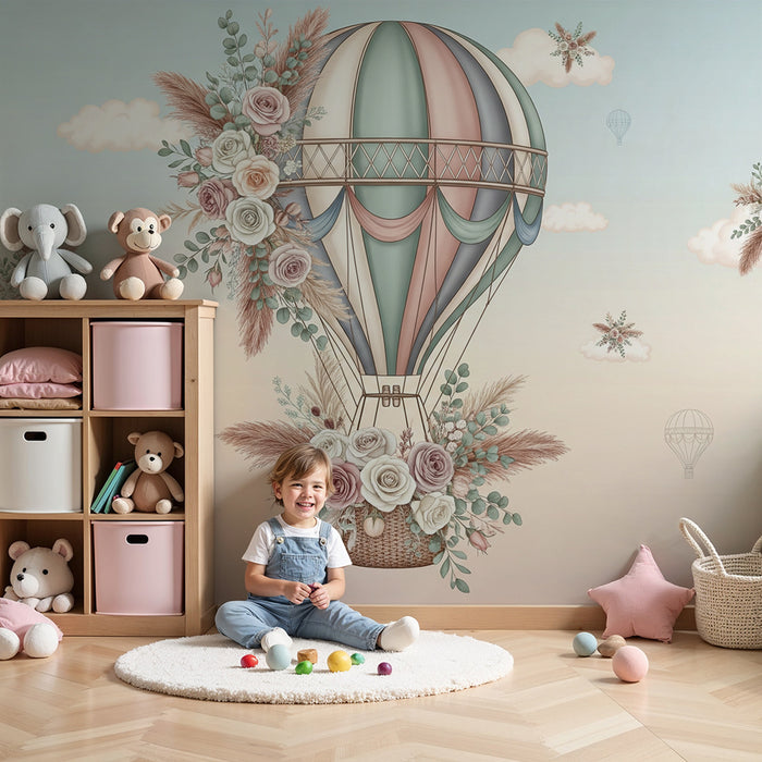 Papier de parede soba beba | Romantični balon s cvjetovima i nježnim oblacima