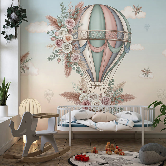 Papier de parede soba beba | Romantični balon s cvjetovima i nježnim oblacima