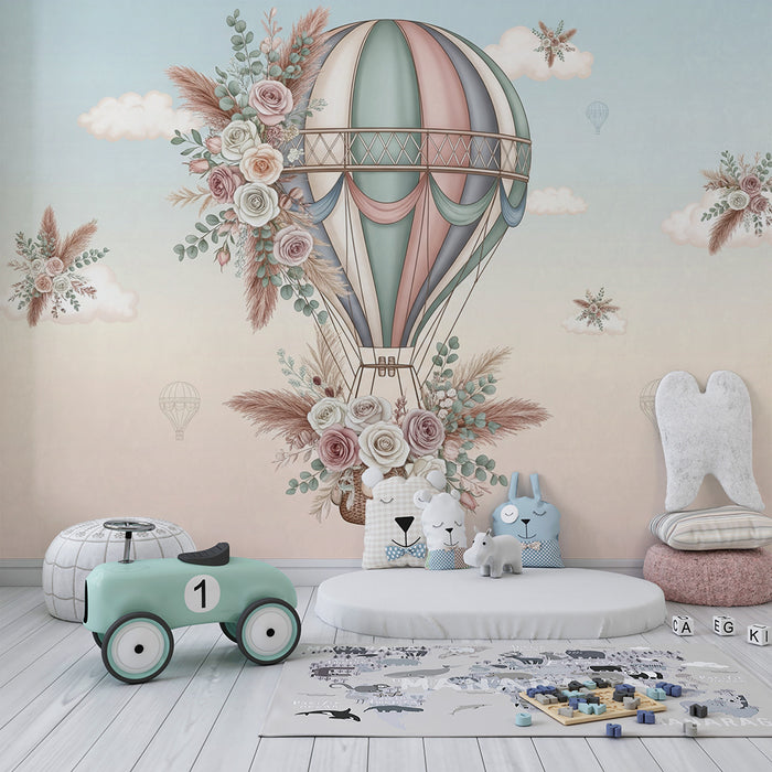 Papier de parede soba beba | Romantični balon s cvjetovima i nježnim oblacima