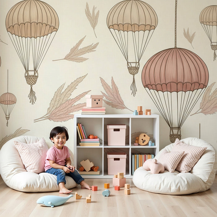 Papel pintado infantil | Globos aerostáticos delicados y follaje suave