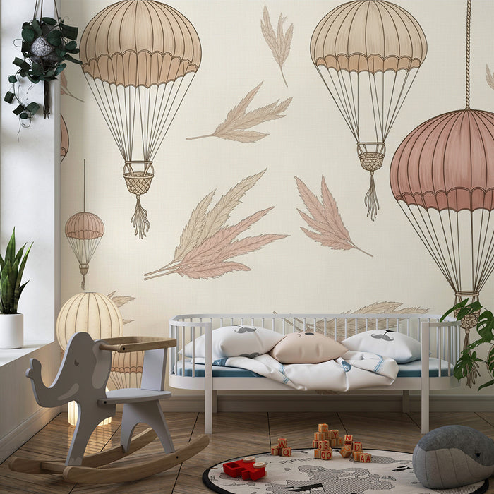 Papel pintado infantil | Globos aerostáticos delicados y follaje suave