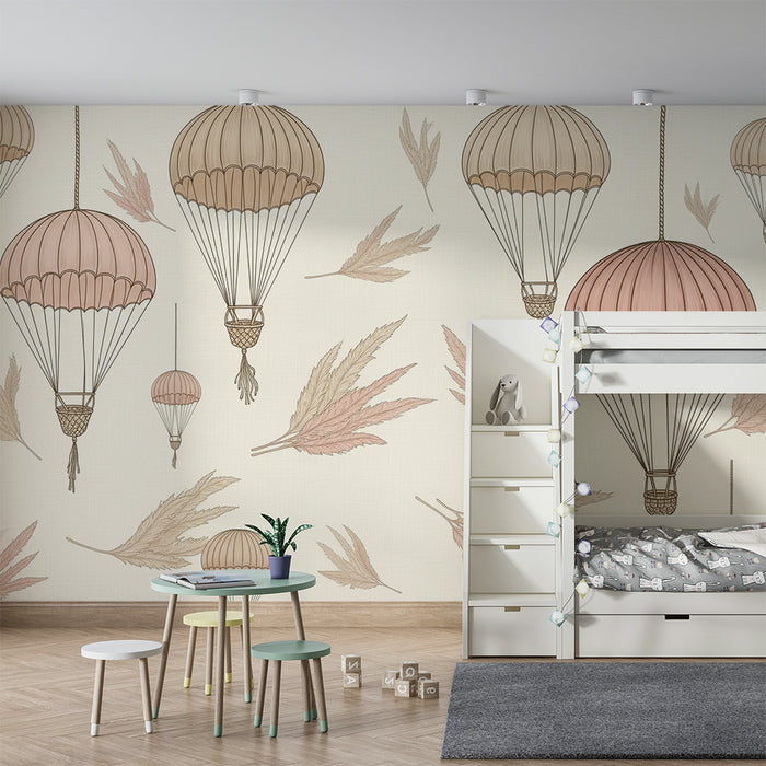 Papel pintado infantil | Globos aerostáticos delicados y follaje suave