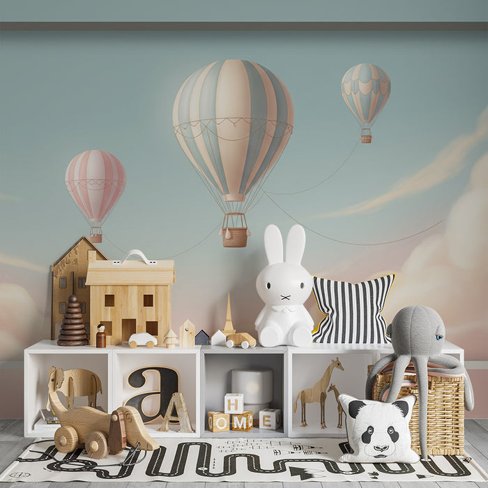 Papier peint chambre bébé | Montgolfières flottant dans un ciel pastel