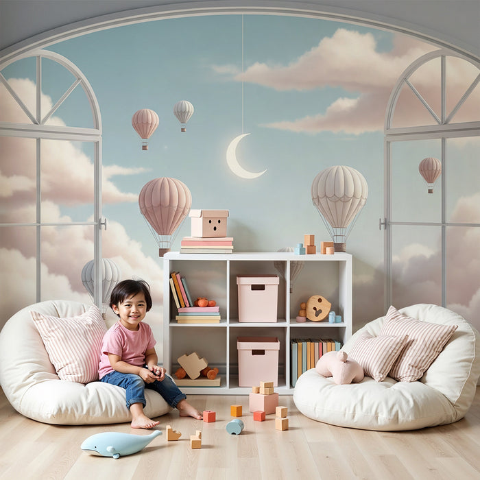 Papier peint chambre bébé | Montgolfières flottantes dans un ciel pastel