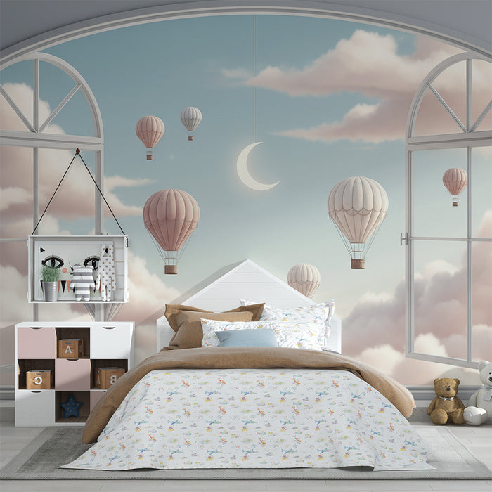 Papier peint chambre bébé | Montgolfières flottantes dans un ciel pastel
