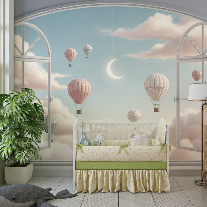 Papier peint chambre bébé | Montgolfières flottantes dans un ciel pastel