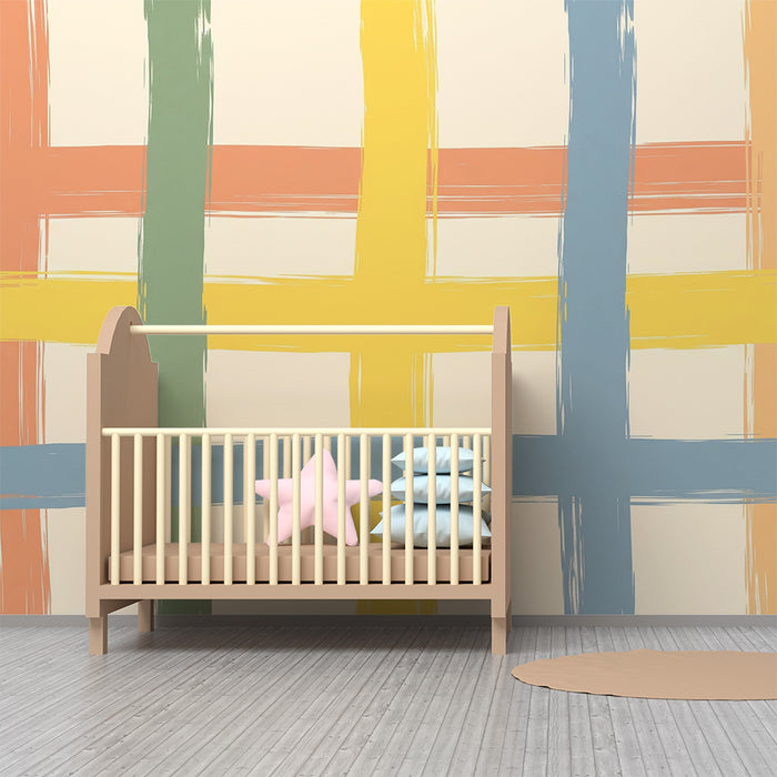 Papel de parede quarto bebê | Vzorec pobarvanih kvadratov z nežnimi potezami