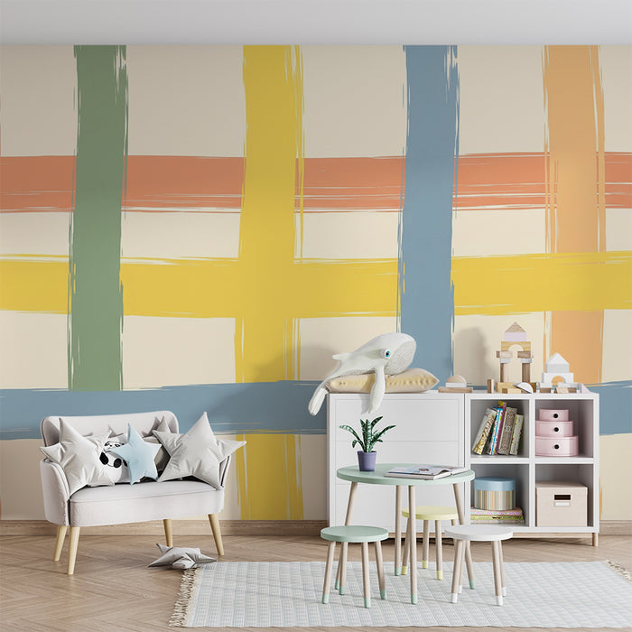 Papel de parede quarto bebê | Vzorec pobarvanih kvadratov z nežnimi potezami