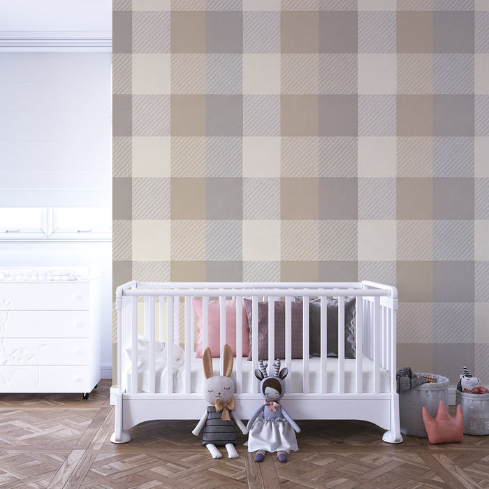 Papier peint chambre bébé | Motif à carreaux doux en tons neutres