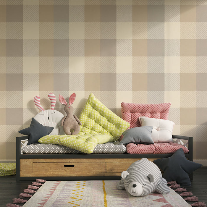 Papier peint chambre bébé | Motif à carreaux doux en tons neutres