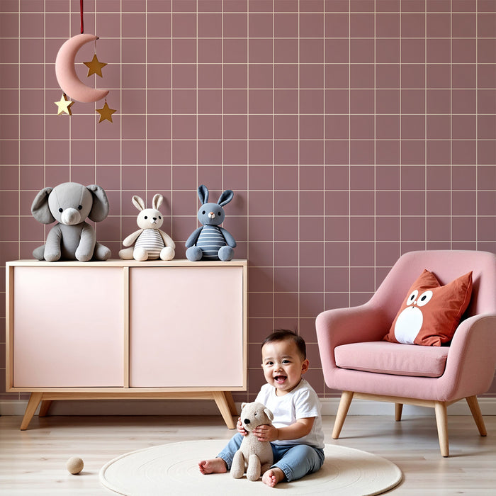 Nursery room wallpaper | Sweet pink checkered pattern with white lines