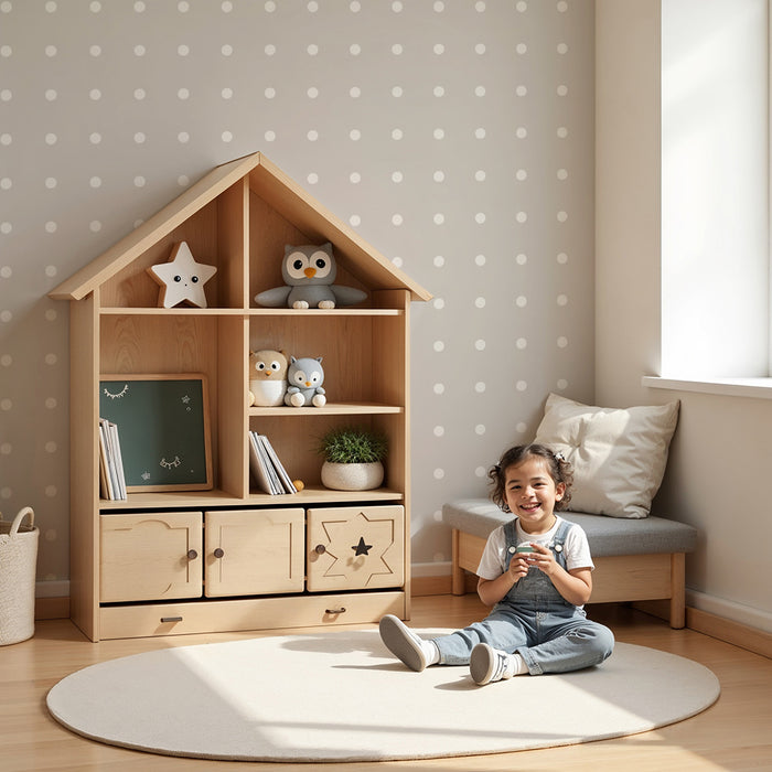 Papel de parede para quarto de bebé | Padrão de bolinhas brancas sobre fundo bege