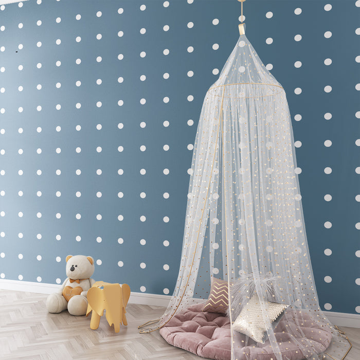 Papel de parede quarto bebê | Estampa de bolinhas brancas em fundo azul