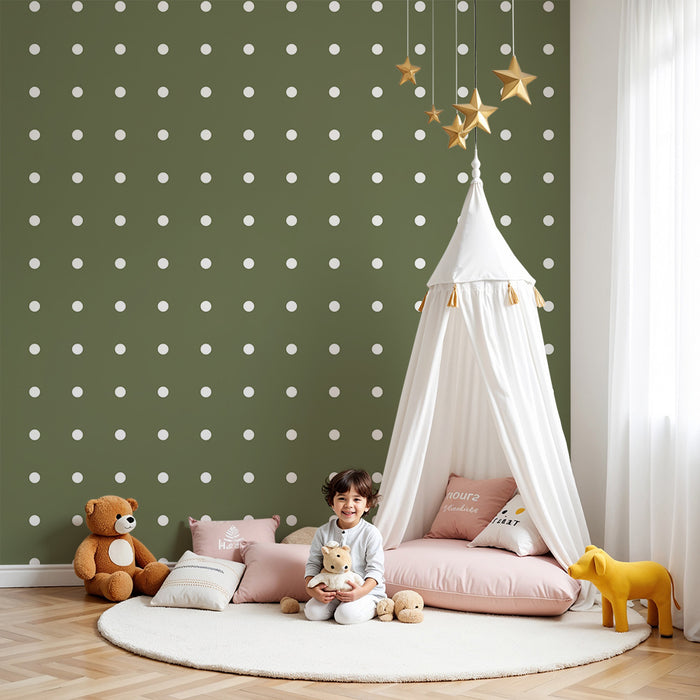 Papel de parede quarto bebê | Motivo de bolinhas brancas em fundo verde-oliva