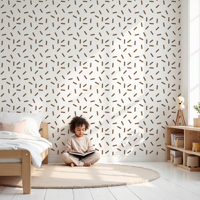 Papier peint chambre bébé | Motif abstrait de lignes brunes sur fond blanc