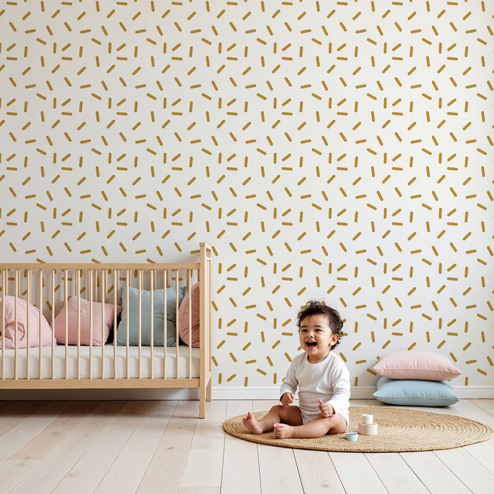 Papier peint chambre bébé | Motif abstrait de lignes dorées sur fond blanc