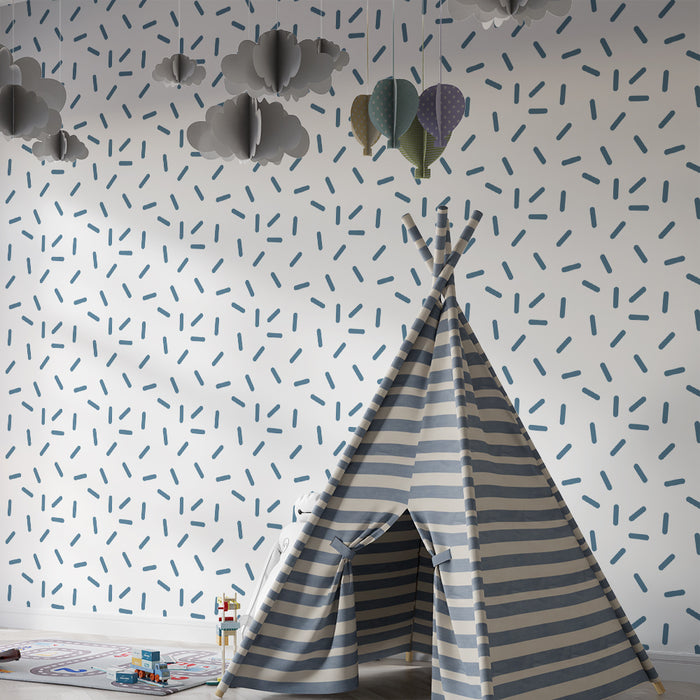 Lastenhuoneen tapetti | Abstrakti kuvio sinisillä viivoilla ja muodoilla valkoisella taustalla