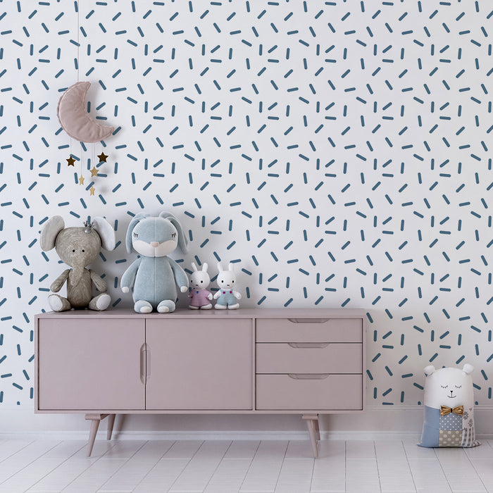 Lastenhuoneen tapetti | Abstrakti kuvio sinisillä viivoilla ja muodoilla valkoisella taustalla