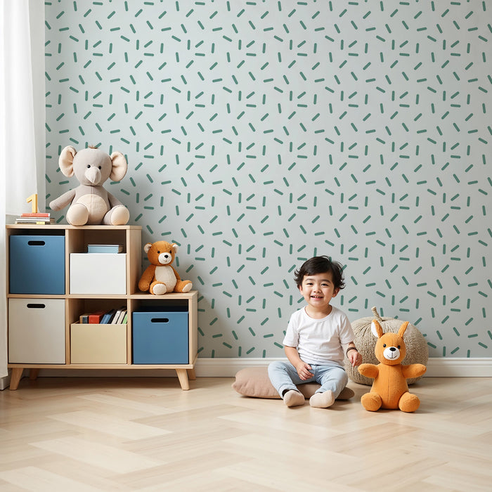 Papier peint chambre bébé | Motif abstrait de traits verts sur fond blanc