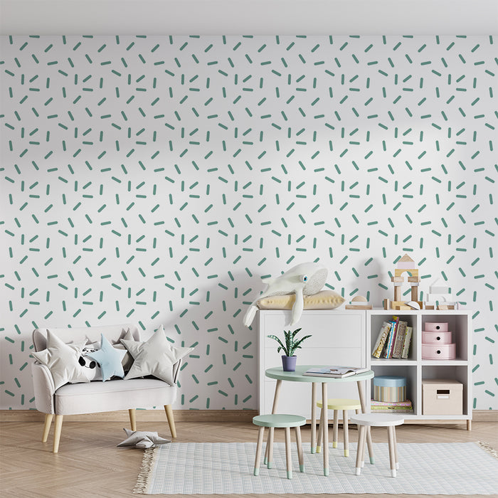 Papier peint chambre bébé | Motif abstrait de traits verts sur fond blanc