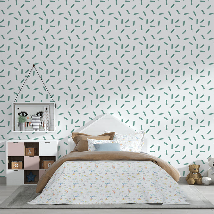 Papier peint chambre bébé | Motif abstrait de traits verts sur fond blanc