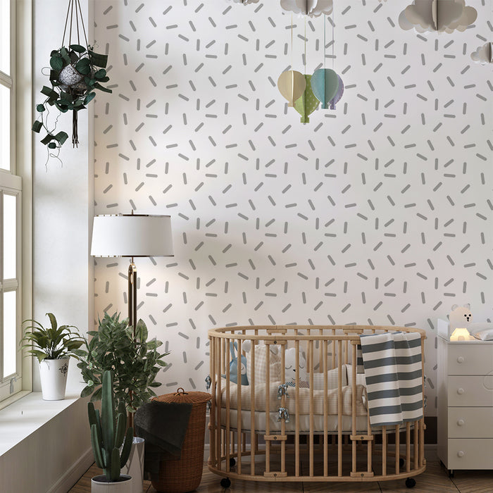 Papel de parede quarto bebê | Padrão abstrato de linhas cinzentas em fundo branco