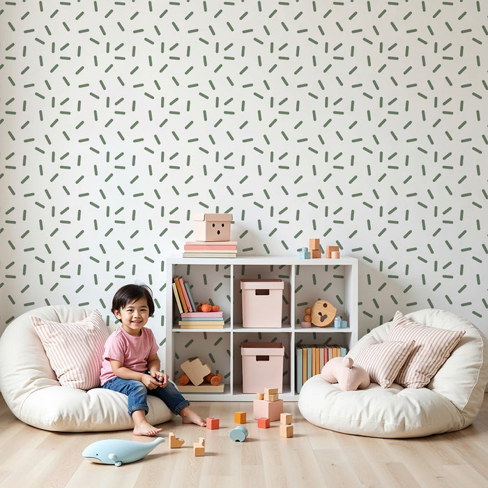 Papel de parede para quarto de bebé | Padrão abstrato em verde suave sobre fundo branco