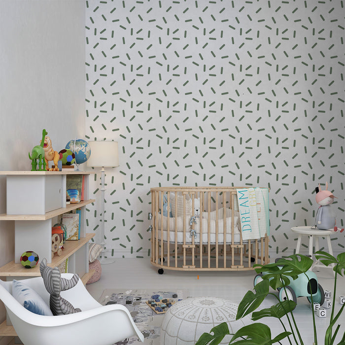 Papel de parede para quarto de bebé | Padrão abstrato em verde suave sobre fundo branco