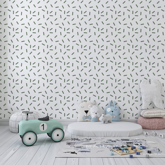 Papel de parede para quarto de bebé | Padrão abstrato em verde suave sobre fundo branco