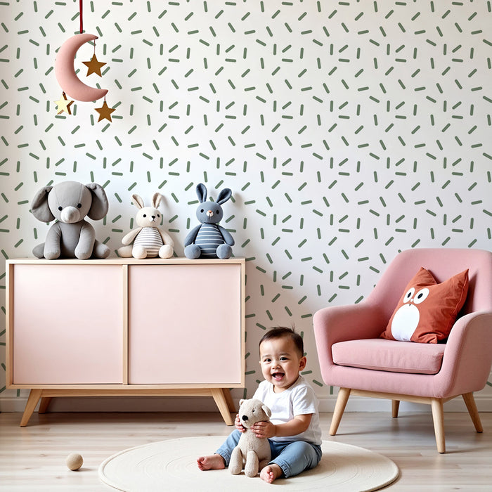 Papier peint chambre bébé | Motif abstrait en vert doux sur fond blanc