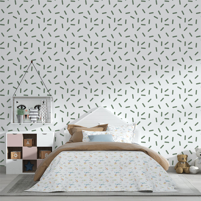 Papier peint chambre bébé | Motif abstrait en vert doux sur fond blanc