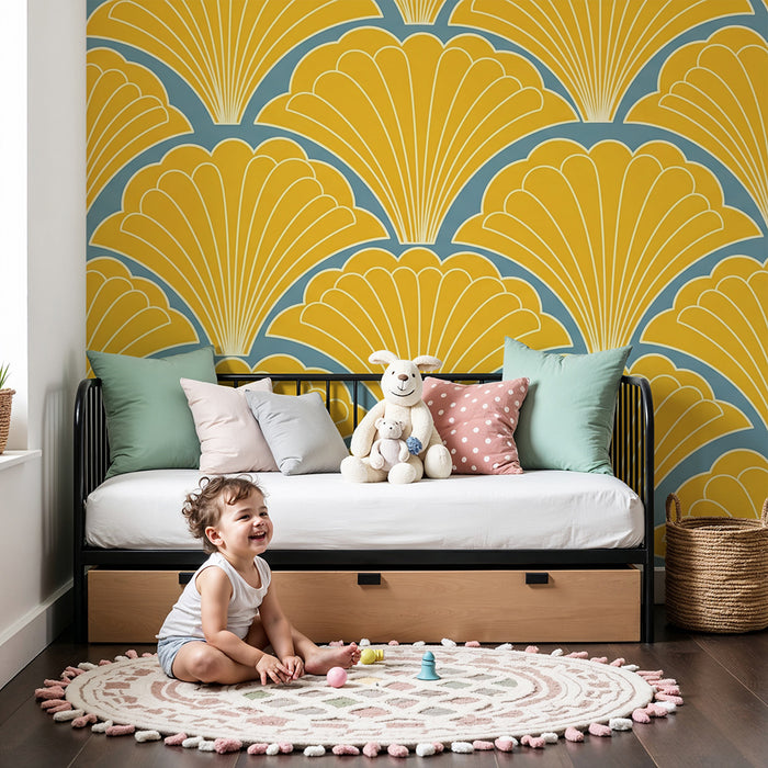 Papier peint chambre bébé | Motif coquillage jaune sur fond bleu