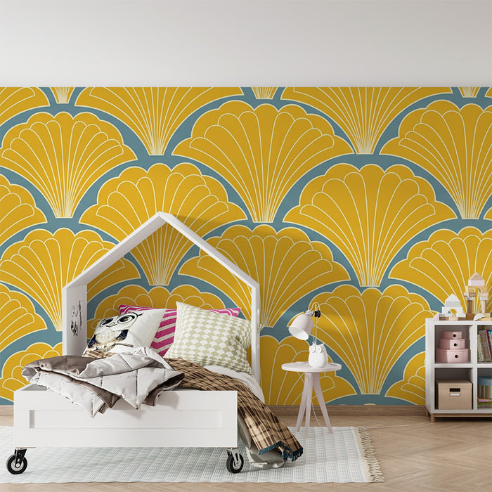 Papier peint chambre bébé | Motif coquillage jaune sur fond bleu