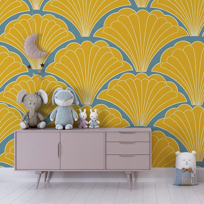 Papier peint chambre bébé | Motif coquillage jaune sur fond bleu