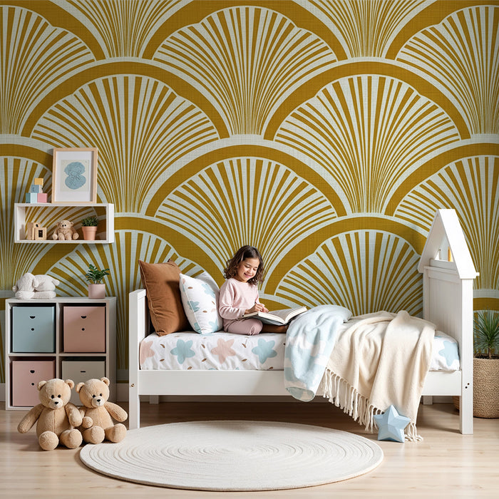 Papier peint chambre bébé | Motif de coquillage en jaune et blanc