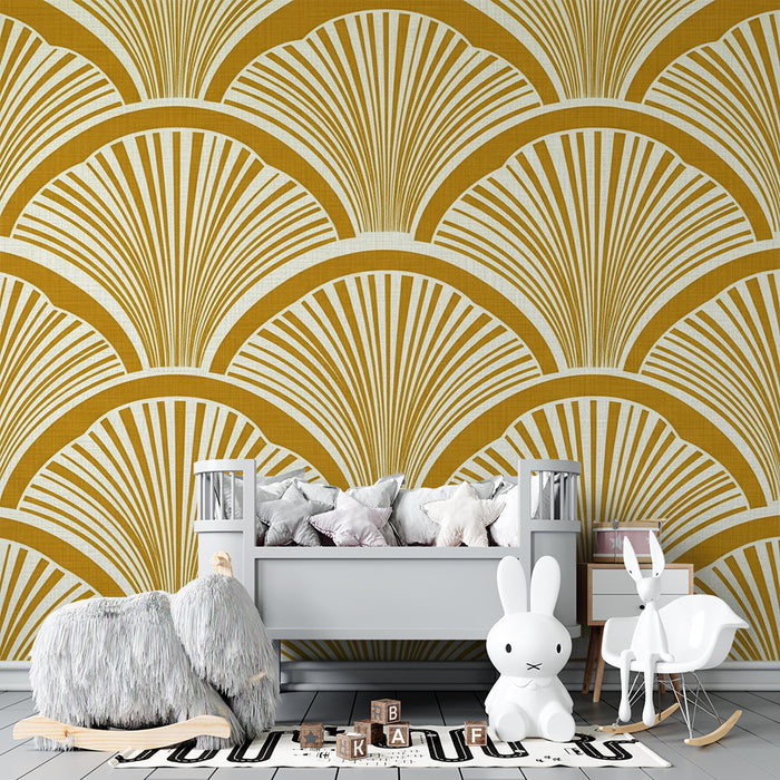 Papier peint chambre bébé | Motif de coquillage en jaune et blanc
