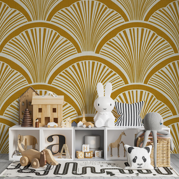 Papier peint chambre bébé | Motif de coquillage en jaune et blanc