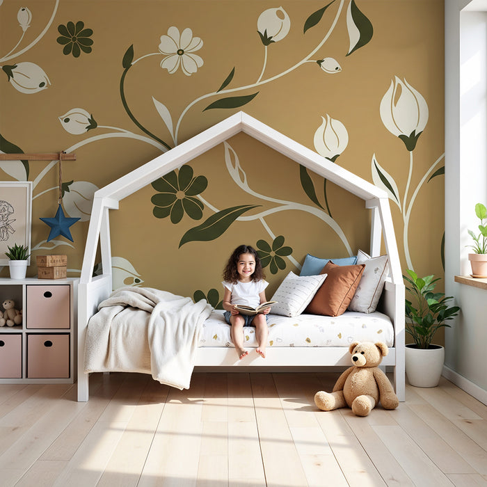 Behang voor babykamer | Delicaat bloemenmotief op beige achtergrond