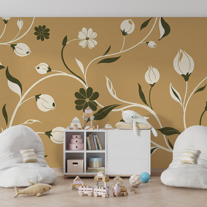 Behang voor babykamer | Delicaat bloemenmotief op beige achtergrond