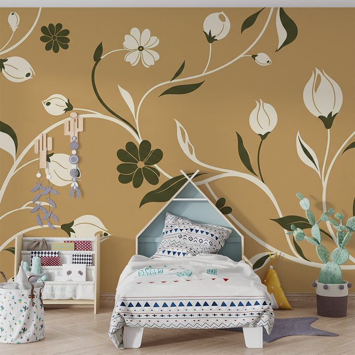 Behang voor babykamer | Delicaat bloemenmotief op beige achtergrond