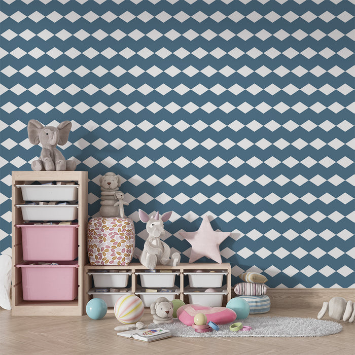 Papel de parede para quarto de bebé | Padrão de losangos azul e branco para um ambiente suave