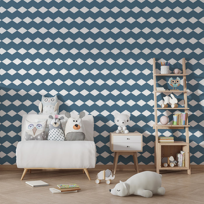 Papel de parede para quarto de bebé | Padrão de losangos azul e branco para um ambiente suave