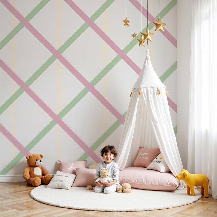 Papier peint chambre bébé | Motif de losanges pastel en rose et vert