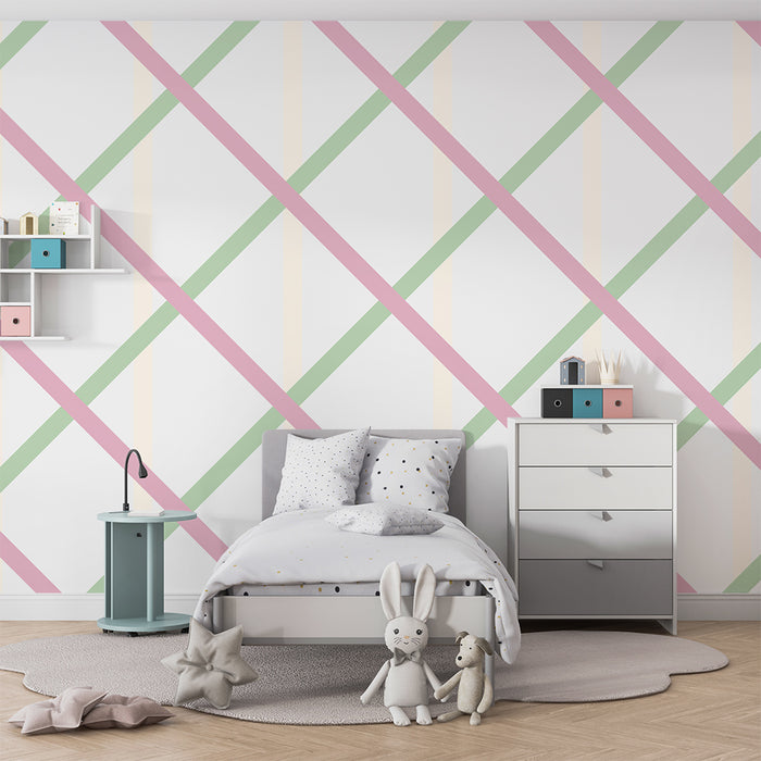 Papier peint chambre bébé | Motif de losanges pastel en rose et vert